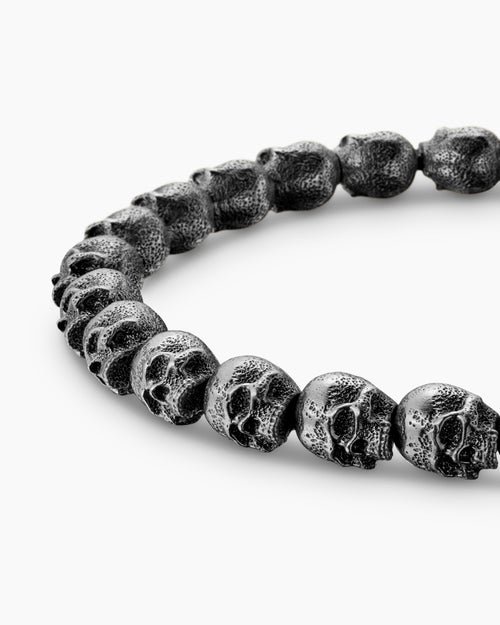 Mens Memento Mori Skull Bead Bracelet in Sterling Silver, 6mm