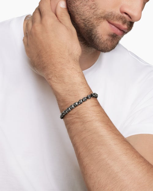 Mens Memento Mori Skull Bead Bracelet in Sterling Silver, 6mm