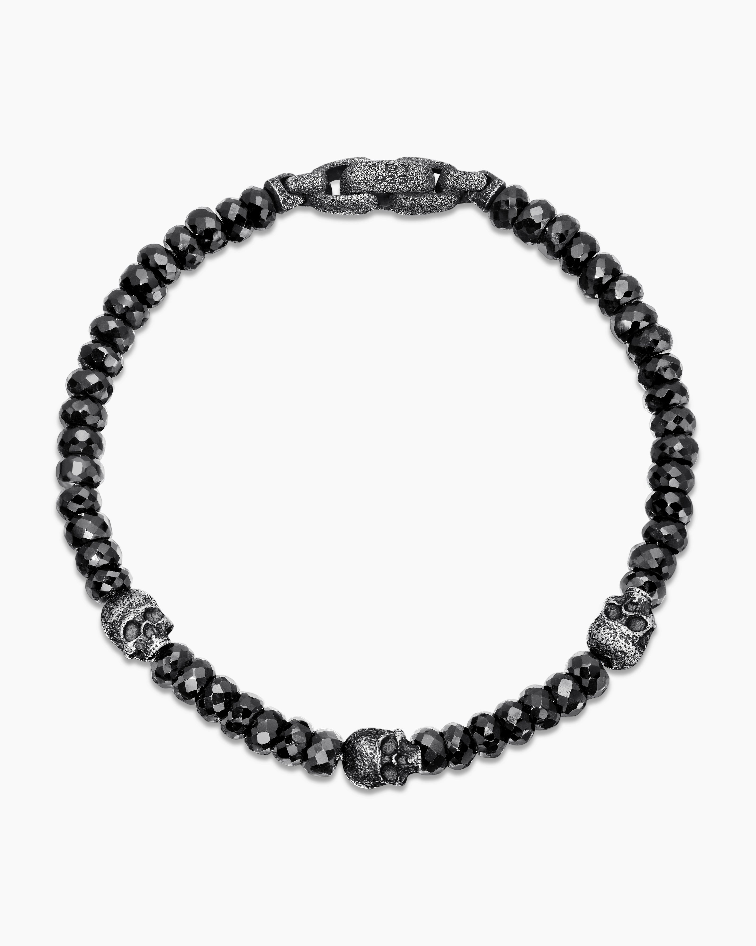 Memento Mori Skull Station Bracelet in Sterling Silver with Black Spinel,  6mm