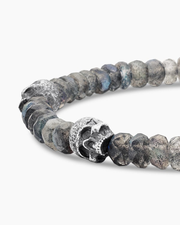 Bracelet station crâne Memento Mori en argent sterling avec labradorite, 6 mm