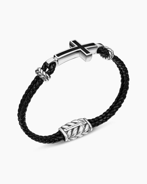 Mens Streamline® Cross Station Bracelet in Black Leather with Sterling Silver and Black Onyx, 3mm