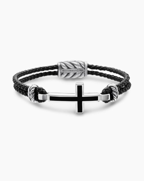 Mens Streamline® Cross Station Bracelet in Black Leather with Sterling Silver and Black Onyx, 3mm