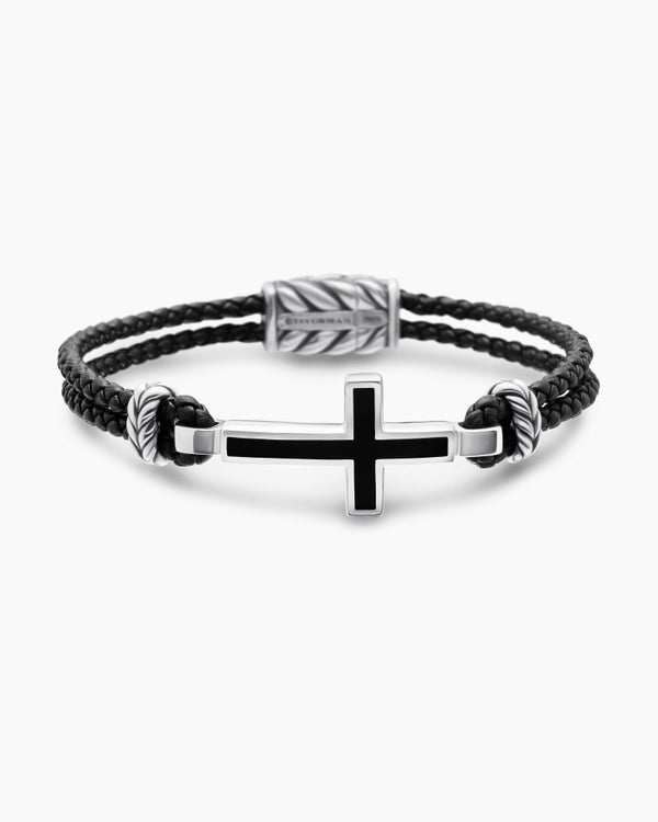 Streamline® Cross Station Bracelet in Black Leather with Sterling Silver and Black Onyx, 3mm