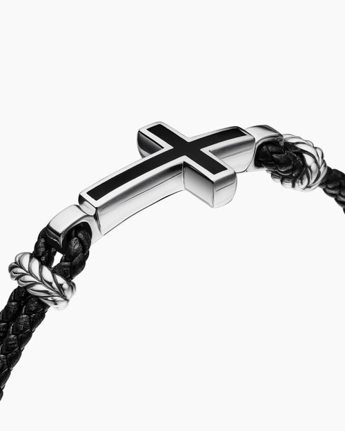 Mens Streamline® Cross Station Bracelet in Black Leather with Sterling Silver and Black Onyx, 3mm