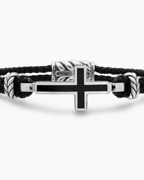 Mens Streamline® Cross Station Bracelet in Black Leather with Sterling Silver and Black Onyx, 3mm