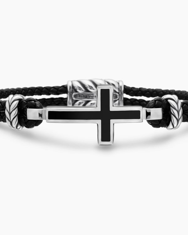 Streamline® Cross Station Bracelet in Black Leather with Sterling Silver and Black Onyx, 3mm