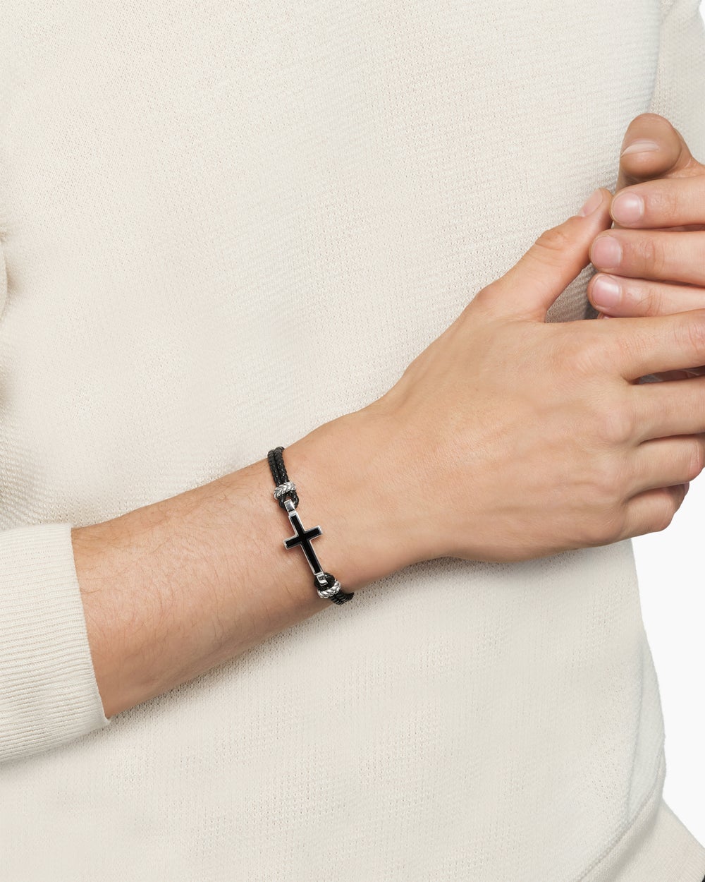 Mens Streamline® Cross Station Bracelet in Black Leather with Sterling Silver and Black Onyx, 3mm