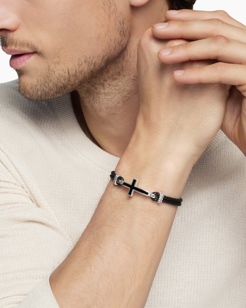 Mens Streamline® Cross Station Bracelet in Black Leather with Sterling Silver and Black Onyx, 3mm