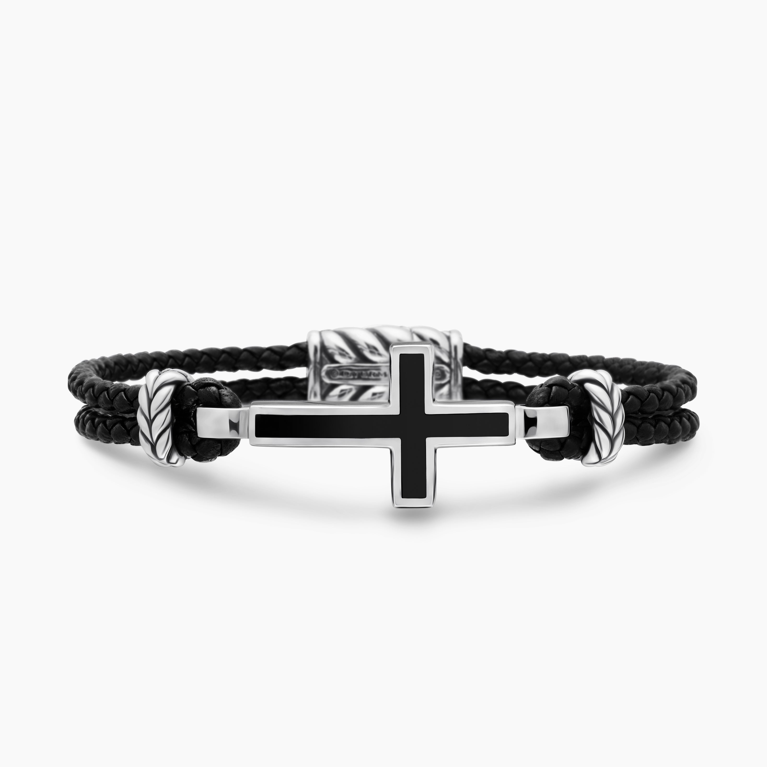 Mens Streamline&reg; Cross Station Bracelet in Black Leather with Sterling Silver and Black Onyx, 3mm
