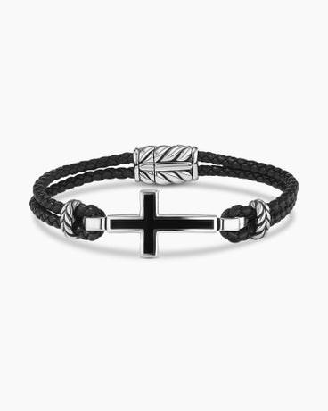 Exotic Stone Cross Bracelet in Black Leather with Sterling Silver and Black Onyx, 3mm