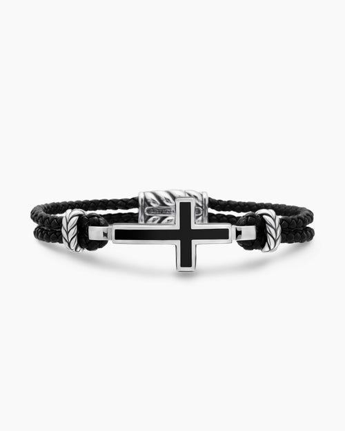 Mens Streamline® Cross Station Bracelet in Black Leather with Sterling Silver and Black Onyx, 3mm