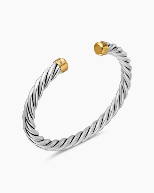 Bracelet manchette Cable en argent sterling avec or jaune 18 carats, 6 mm