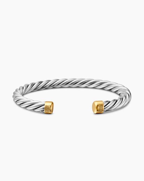 Mens Cable Cuff Bracelet in Sterling Silver with 18K Yellow Gold, 6mm