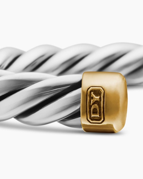 Mens Cable Cuff Bracelet in Sterling Silver with 18K Yellow Gold, 6mm