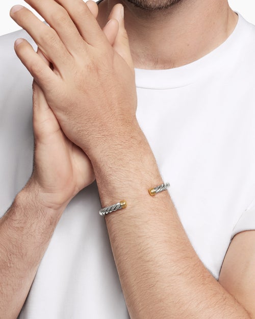 Mens Cable Cuff Bracelet in Sterling Silver with 18K Yellow Gold, 6mm