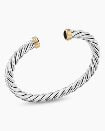 Cable Cuff Bracelet in Sterling Silver with 18K Yellow Gold and Black Onyx, 6mm