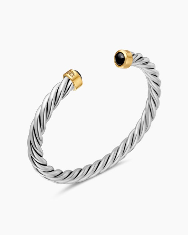 Cable Cuff Bracelet in Sterling Silver with Black Onyx, 6mm