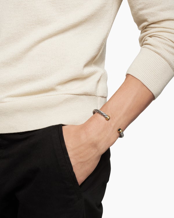 Cable Cuff Bracelet in Sterling Silver with Black Onyx, 6mm