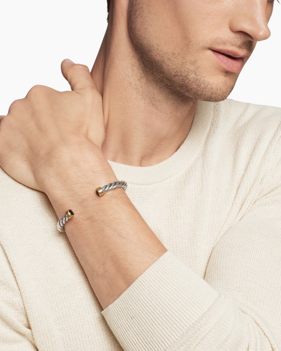 Cable Cuff Bracelet in Sterling Silver with 18K Yellow Gold and Black Onyx, 6mm