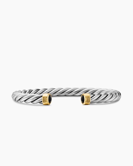 Cable Cuff Bracelet in Sterling Silver with 18K Yellow Gold and Black Onyx, 6mm