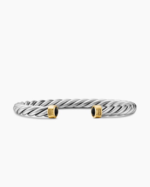 Mens Cable Cuff Bracelet in Sterling Silver with 18K Yellow Gold, 6mm