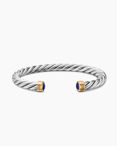 Mens Cable Cuff Bracelet in Sterling Silver with 18K Yellow Gold and Lapis, 6mm