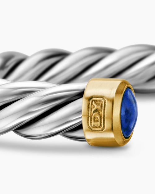 Mens Cable Cuff Bracelet in Sterling Silver with 18K Yellow Gold and Lapis, 6mm