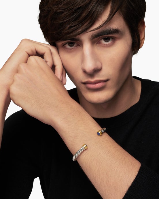 Cable Cuff Bracelet in Sterling Silver with 18K Yellow Gold and Lapis, 6mm