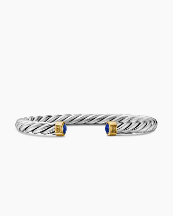 Cable Cuff Bracelet in Sterling Silver with 18K Yellow Gold and Lapis, 6mm