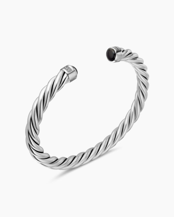 Cable Cuff Bracelet in Sterling Silver with Black Onyx, 6mm