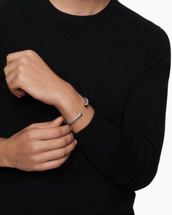 Cable Cuff Bracelet in Sterling Silver with Black Onyx, 6mm