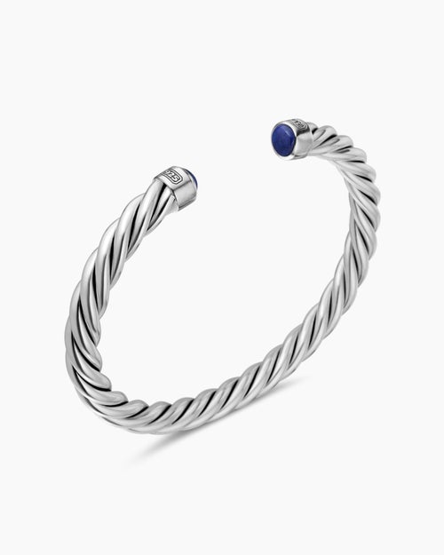 Mens Cable Cuff Bracelet in Sterling Silver with Lapis, 6mm