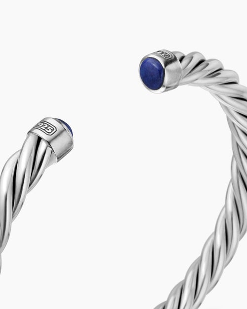 Mens Cable Cuff Bracelet in Sterling Silver with Lapis, 6mm