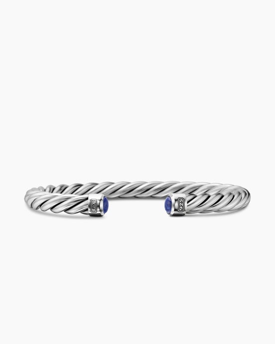 Cable Cuff Bracelet in Sterling Silver with Lapis, 6mm