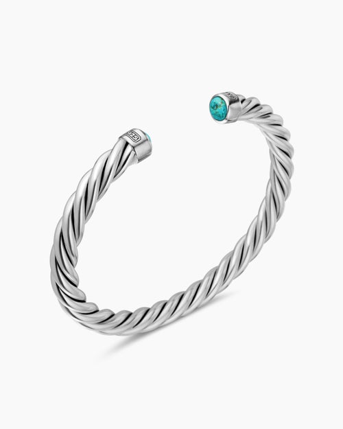 Mens Cable Cuff Bracelet in Sterling Silver with Turquoise, 6mm