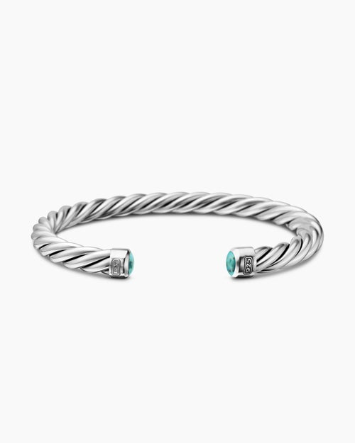 Mens Cable Cuff Bracelet in Sterling Silver with Turquoise, 6mm