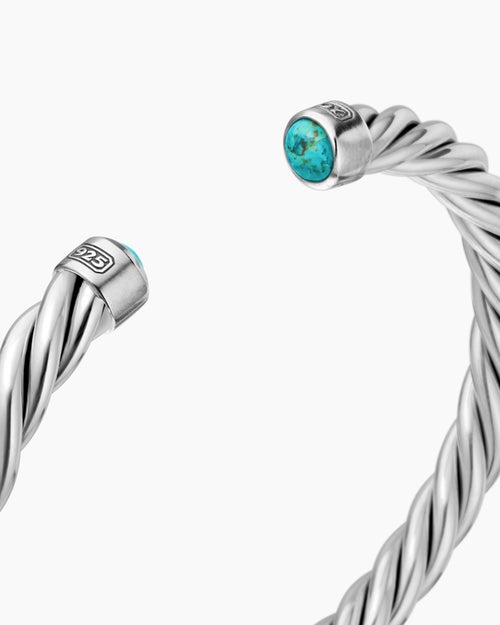 Mens Cable Cuff Bracelet in Sterling Silver with Turquoise, 6mm