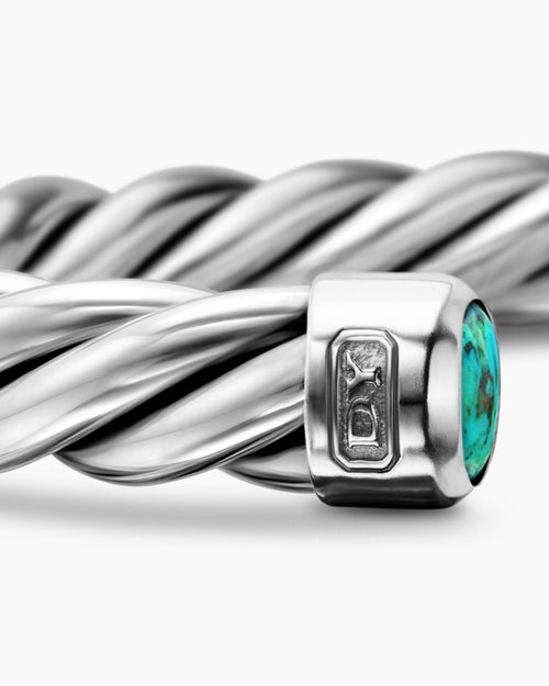 Mens Cable Cuff Bracelet in Sterling Silver with Turquoise, 6mm