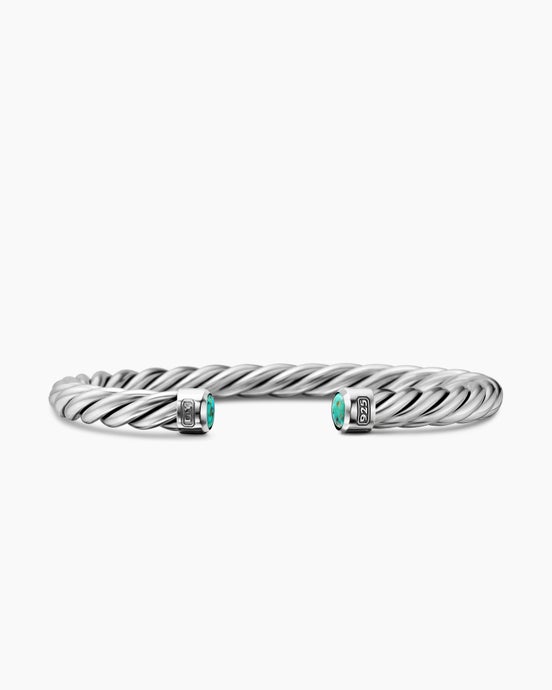 Cable Cuff Bracelet in Sterling Silver with Turquoise, 6mm