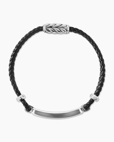 Exotic Stone Bar Station Bracelet in Black Leather with Sterling Silver and Meteorite, 3mm