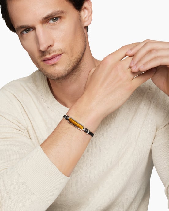 Streamline® Bar Station Bracelet in Brown Leather with Sterling Silver and Tiger's Eye, 3mm