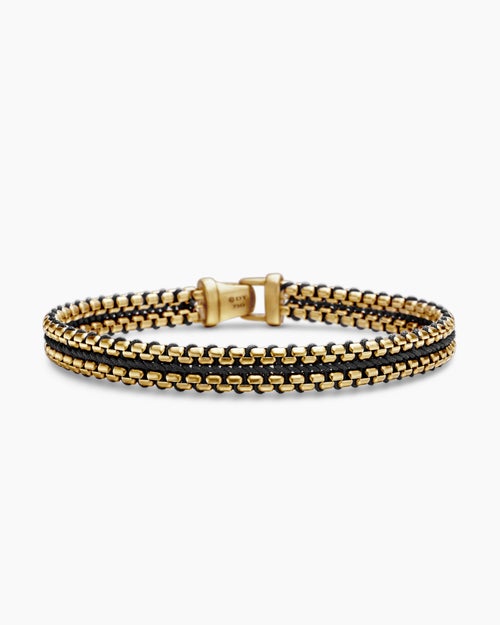 Mens Woven Box Chain Bracelet with Black Nylon and 18K Yellow Gold, 10mm