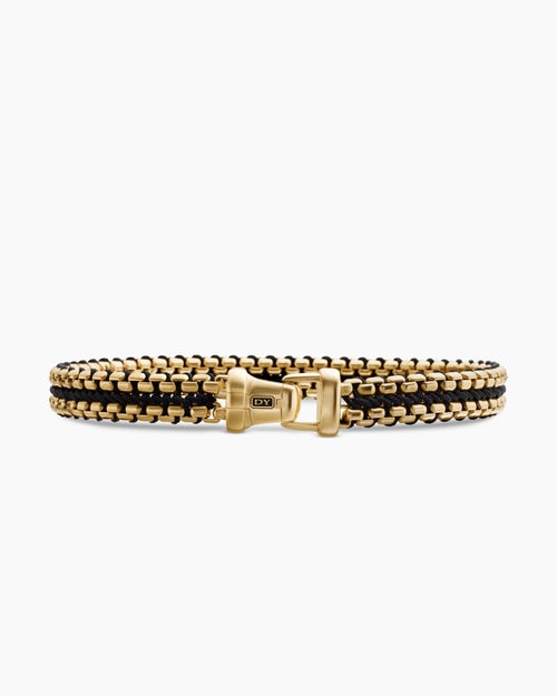 Mens Woven Box Chain Bracelet with Black Nylon and 18K Yellow Gold, 10mm