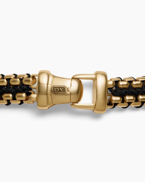 Mens Woven Box Chain Bracelet with Black Nylon and 18K Yellow Gold, 10mm