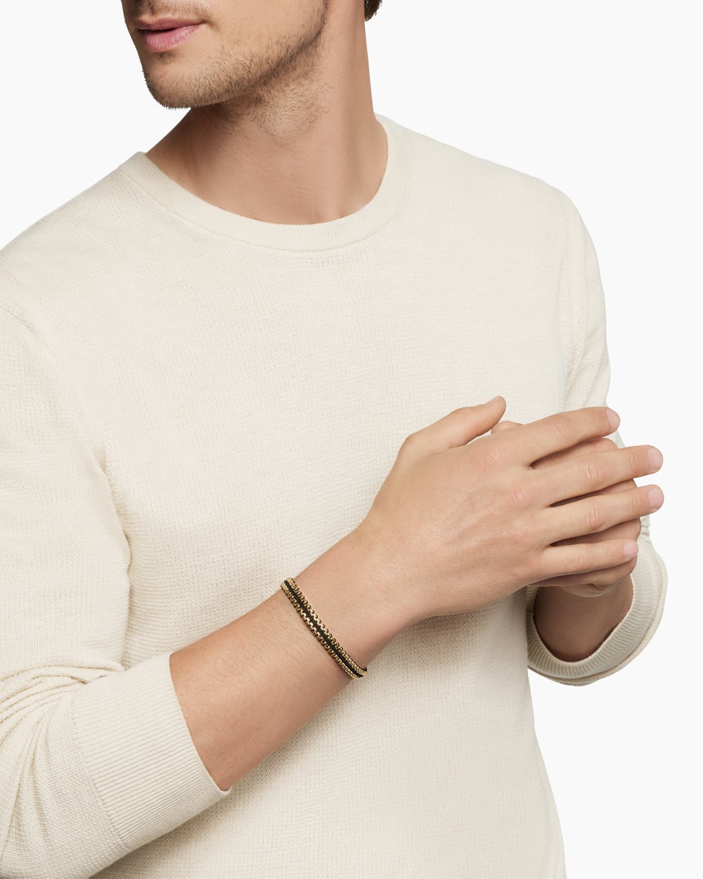 Mens Woven Box Chain Bracelet with Black Nylon and 18K Yellow Gold, 10mm