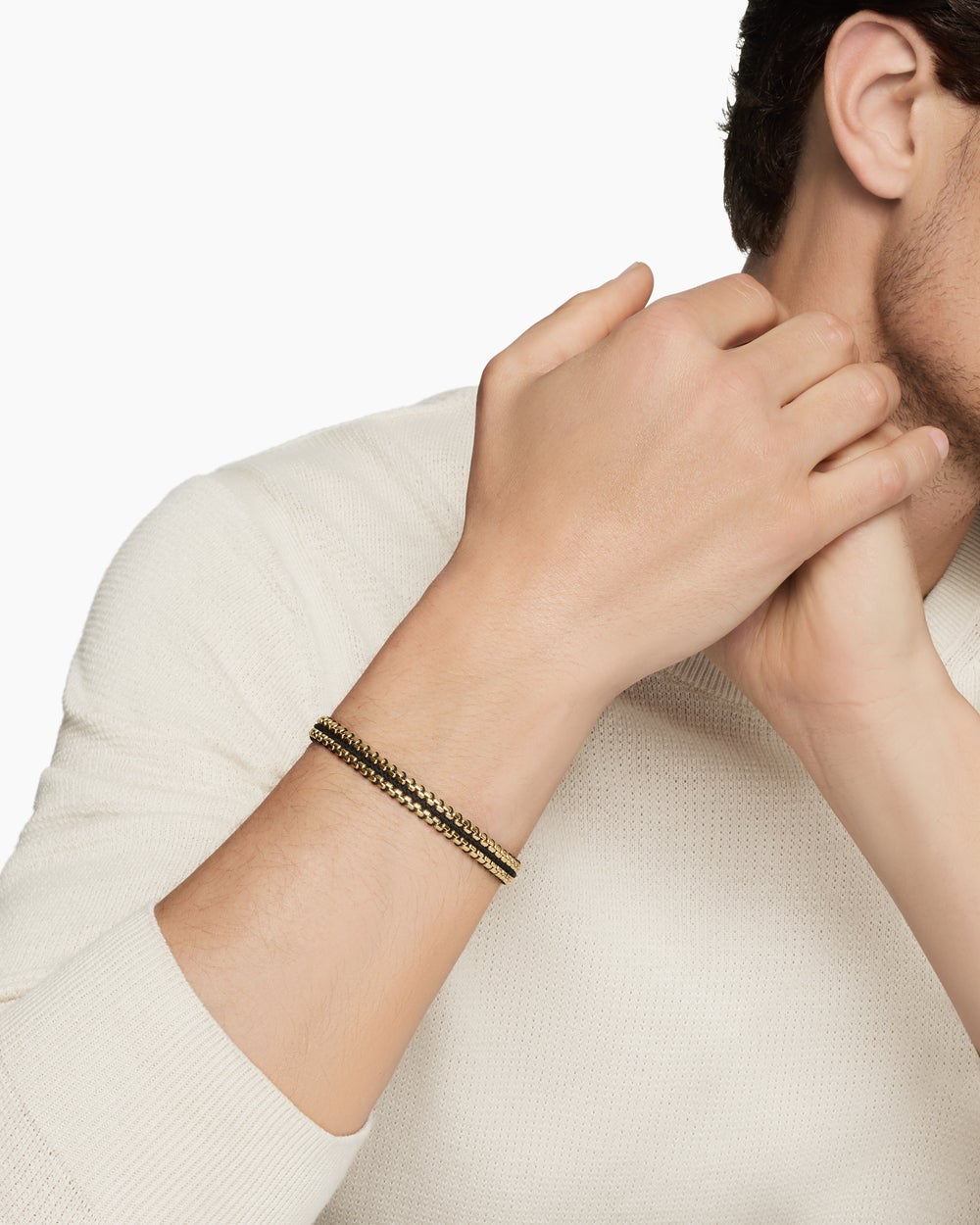 Mens Woven Box Chain Bracelet with Black Nylon and 18K Yellow Gold, 10mm
