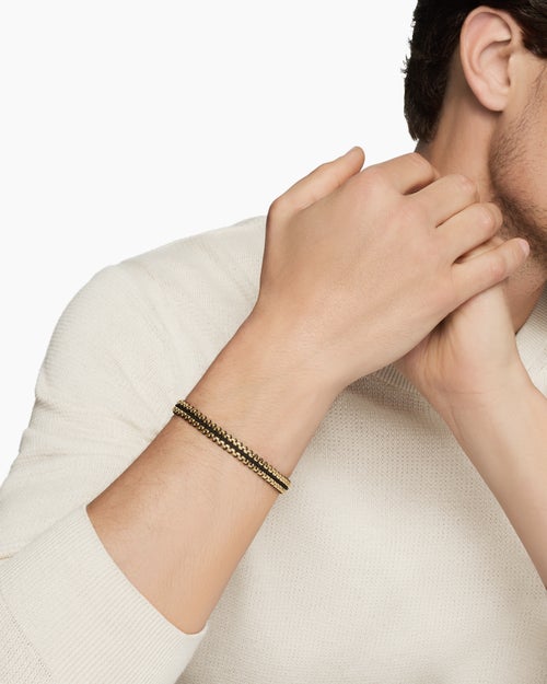 Mens Woven Box Chain Bracelet with Black Nylon and 18K Yellow Gold, 10mm