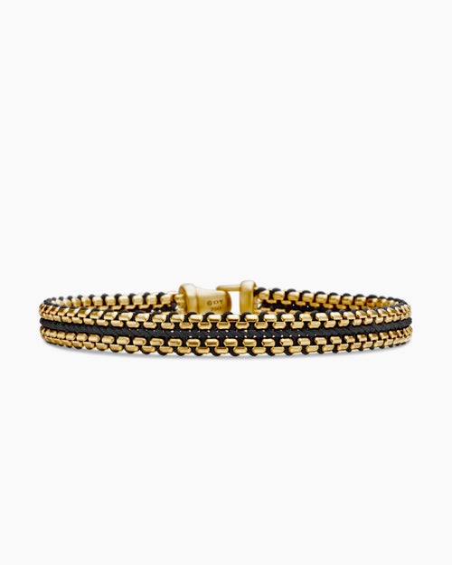 Mens Woven Box Chain Bracelet with Black Nylon and 18K Yellow Gold, 10mm