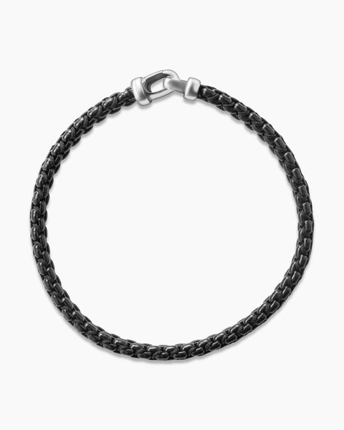 Mens Woven Box Chain Bracelet in Sterling Silver with Black Stainless Steel and Black Nylon, 10mm