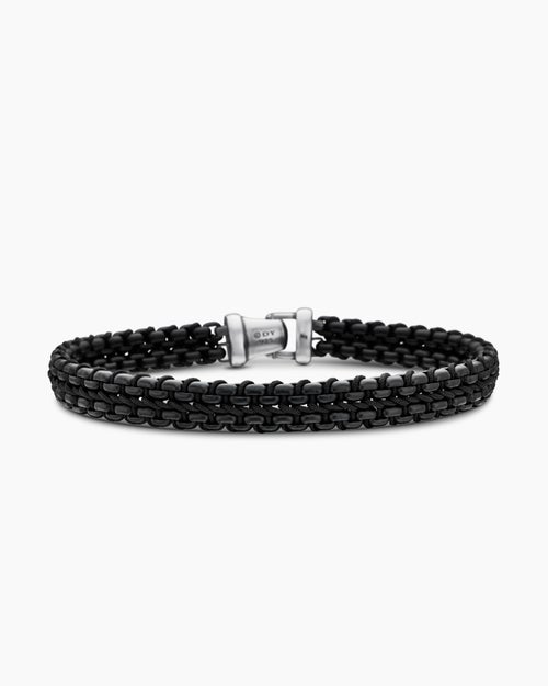 Mens Woven Box Chain Bracelet in Sterling Silver with Black Stainless Steel and Black Nylon, 10mm